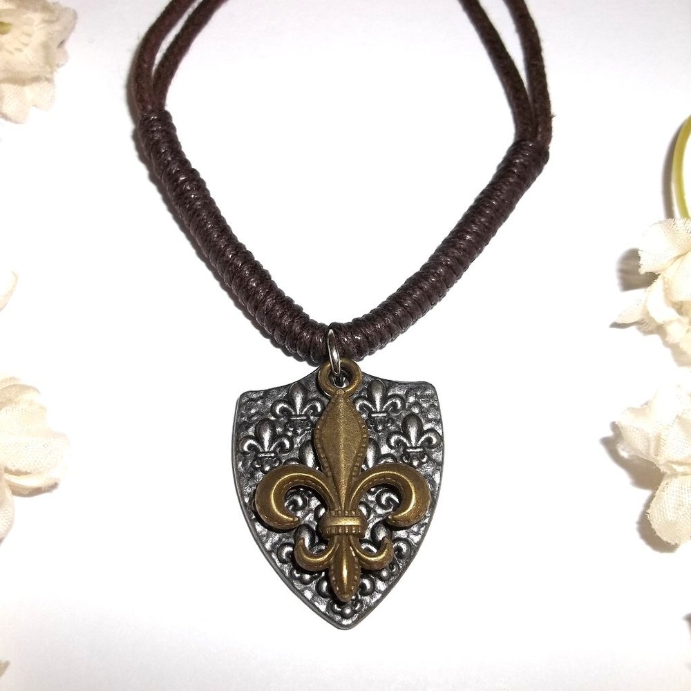 Mixed Metal Medallion Cord Necklace Fleur De Lis Unisex Silver Bronze Brown C227
